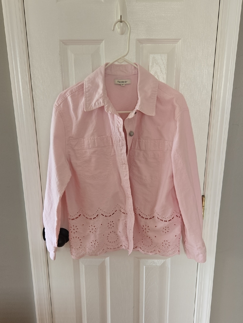 Francesca's Collections Pink Eyelet Hem Button-Up Jacket